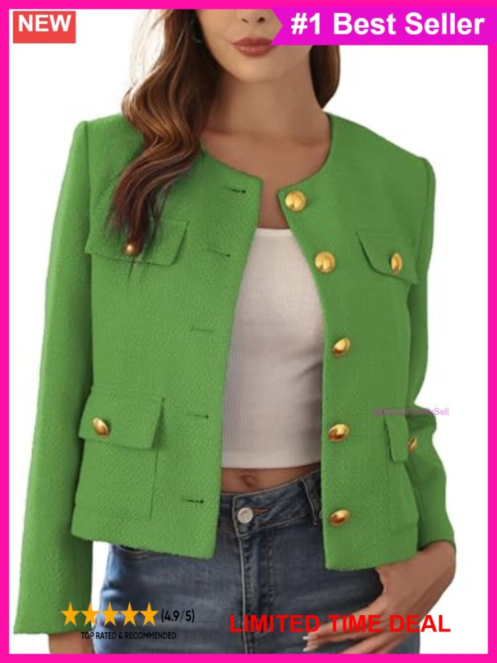 Cropped Tweed Blazer Womens Collarless Gold Button Lined Pocket Loose Fit